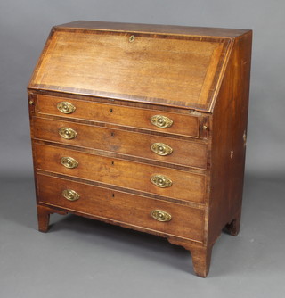 A George III oak and crossbanded bureau, the fall front revealing a well fitted interior with drawers and pigeon holes above 4 long drawers with brass plate drop handles, raised on bracket feet 110cm h x 101cm w x 51cm d 