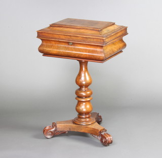 A William IV rectangular mahogany teapoy of square form raised on a turned column and triform base with scroll feet, the interior fitted 2 caddies and 2 mixing bowl receptacles 72cm h x 46cm w x 34cm d 