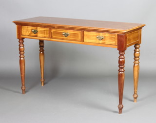 A 19th Century style inlaid mahogany side table fitted 3 drawers, raised on turned supports 75cm h x 119cm w x 44cm d  