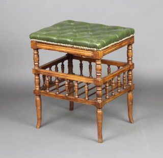A Victorian rectangular mahogany stool, the seat upholstered in buttoned material, raised on turned supports with bobbin turned decoration 54cm x 44cm x 36cm 