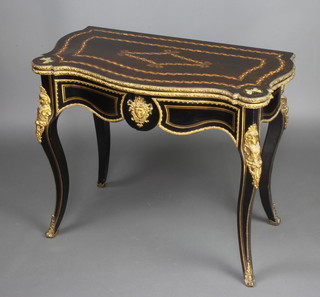 A 19th Century French ebonised and gilt card table of serpentine outline, the top inlaid mother of pearl and kingwood with butterflies, having gilt metal mounts throughout with brass label Urquhart & Adamson Cabinet Makers Liverpool 74cm h x 86cm w x 46cm d 