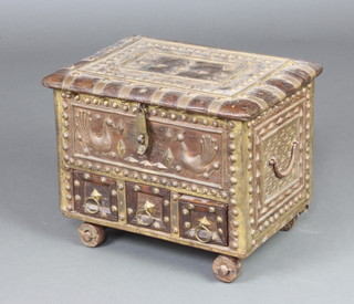 A rectangular miniature Moorish style hardwood and gilt mounted mule chest/coffer with hinged lid, the base fitted 3 drawers 26cm x 34cm x 23cm 