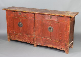 A 19th Century Chinese hardwood and red lacquered sideboard formed from a pair of cupboards with drawer above a double cupboard 97cm h x 200cm x 48cm  