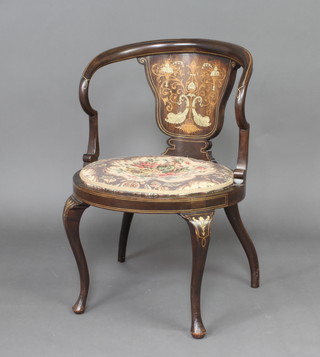 An Edwardian inlaid rosewood tub and slat back chair, the slat inlaid dolphins, with upholstered seat, raised on cabriole supports 