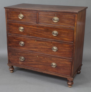 An early Victorian mahogany chest of 2 short and 3 long drawers with brass drop handles, raised on bun feet 105cm h x 109cm w x 55cm d 