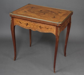 A Continental inlaid walnut and crossbanded tea table with quarter veneered top, fitted a frieze drawer, raised on cabriole supports 77cm h x 73cm w x 53cm d 