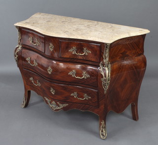 A Continental kingwood commode of bombe form fitted 2 short and 2 long drawers with gilt metal mounts and white veined marble top 78cm h x 122cm w x 54cm d  