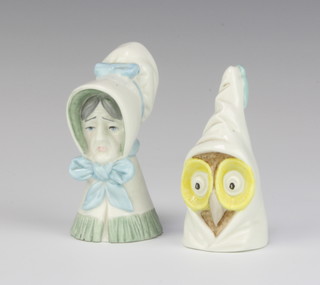A Royal Worcester candle snuffer of a woman 9cm and a ditto owl 8cm 
