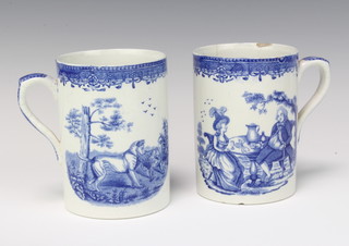 Two 19th Century English transfer print mugs decorated with figures and dogs in landscapes 14cm 