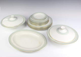 A Royal Doulton Berkshire pattern part dinner service comprising 3 small plates, 6 medium plates, 6 dinner plates, 2 tureens and covers, an oval meat plate and 1 saucer