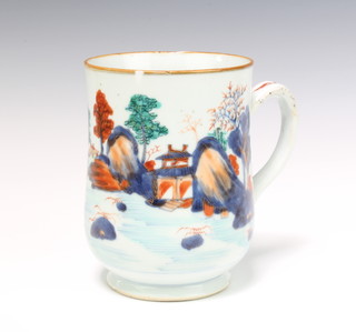 An 18th Century Chinese baluster mug decorated with an extensive landscape scene having a simple scroll handle 16cm 