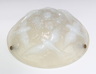 A Verart Art Deco opalescent light fitting decorated with birds and roses, the rim marked VERART 560 Made in France, 40cm