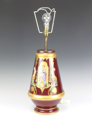 A German porcelain table lamp the burgundy ground with classical figures 36cm