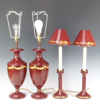 A pair of Regency style red lacquered table lamps with swag decoration 39cm x 16cm and 1 other pair 54cm x 6cm 