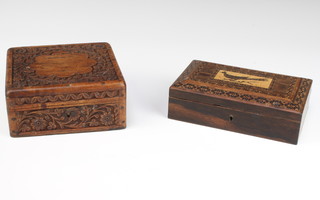 A 19th Century rectangular Tunbridge Ware box the lid decorated a bird 6cm x 18cm x 11cm together with an Indian carved teak trinket box with hinged lid 7cm x 15cm x 15cm 
