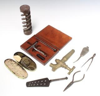 A 19th Century Kennan steel hacksaw with turned wooden handle, a  Marples and Sons drill/tap sizer, a polished steel and brass gold scales, a Lufkin Rule Company no.513 micrometer depth gauge, boxed, etc 
