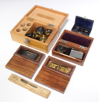 The Mikrops section knife boxed, a collection of lenses in a wooden box and microscope component parts etc 