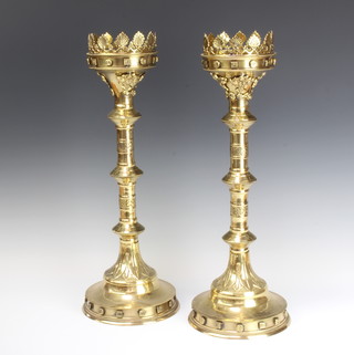 A pair of 17th Century style brass pricket candlesticks 49cm x 18cm 