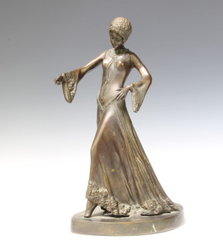 An Art Deco style bronze figure of a standing lady raised on an oval base 46cm x 27cm x 20cm 