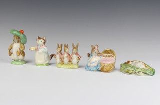 A quantity of Royal Albert Beatrix Potter figures - Timmy Willy Sleeping 9cm, Mrs Ribby 7cm, Flopsy, Mopsy and Cottontail 7cm, Hunca Munca 8cm and Benjamin Bunny 10cm  