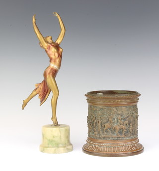 An Art Deco spelter figure of a standing dancing girl raised on a green marble base 31cm x 7cm  (foot damaged) together with a cylindrical French bronze tobacco jar the body decorated tavern scenes, the base marked T and B Paris 13cm h x 11cm diam. (slightly misshapen) 