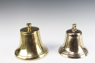 A brass "fire engine bell" the interior with star mark and JD 14cm x 19cm, 1 other brass bell the top marked 13 18cm x 17cm 