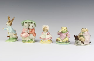 A Royal Albert Beatrix Potter Mr Jackson 7cm, Goody and Timmy Tip Toes 10cm, Jeremy Fisher 8cm, The Old Woman 8cm and Peter Rabbit 11cm 