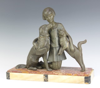 A French Art Deco spelter figure of a kneeling girl with cat and dog raised on a 3 colour marble base 36cm x 41cm x 15cm 