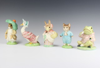 Five Royal Albert Beatrix Potter figures - Jemima Puddle Duck 16cm, Benjamin Bunny 15cm, Tom Kitten 14cm, Mrs Rabbit 15cm and Jeremy Fisher 13cm 

