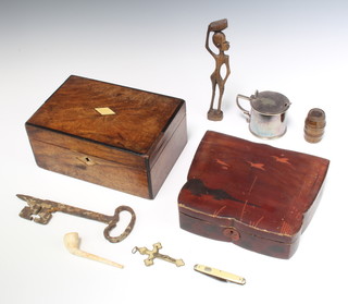 A Chinese lacquered box with hinged lid decorated birds 5cm x 21cm x 18cm containing an olive wood model of a barrel 6cm x 2cm, an antique iron key, a clay pipe, crucifix and pocket knife together with a Victorian mahogany trinket box with hinged lid 23cm x 15cm, a silver plated mustard pot and an African figure of a standing gentleman 