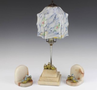 A pair of Art Deco marble and spelter bookends decorated 3 bluetits 11cm x 8cm x 8cm together with a ditto stepped table light with opaque glass shade 46cm x 12cm x 12cm 