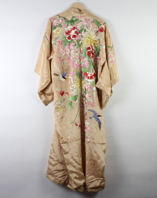 A Chinese peach silk and embroidered Kimono 