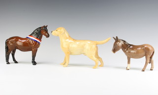 A Beswick figure Labrador no.1956, gold and brown gloss by Arthur Greddington 8.3cm, a ditto donkey (second version) 1364B brown gloss by Mr Orwell 11.9cm and a ditto horse brown gloss 16cm marked Another Bunch 