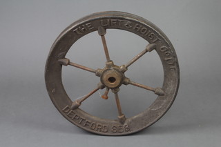 A Lift and Hoist Co. Ltd 6 spoke iron pulley wheel marked the Lift and Hoist Co. Deptford SE8 53cm diam. x 5cm w