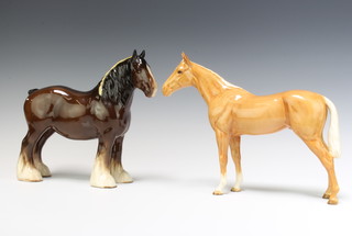 A Beswick figure Shire Mare 818 brown gloss by Arthur Greddington 21.6cm and a large race horse 1564 Palomino gloss by Arthur Greddington 28.5cm 