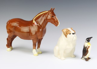 A Beswick figure Suffolk Punch champion Hasse Dainty 1359 light chestnut gloss by Mr Orwell 20.3cm (stuck leg) and a ditto Bulldog D222 by Warren Platt together with a penguin 9.5cm 