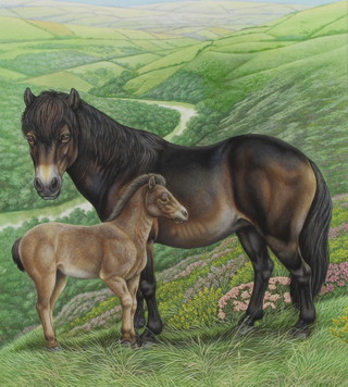 Richard W Orr, acrylic signed, study of Exmoor ponies 28cm x 25cm 