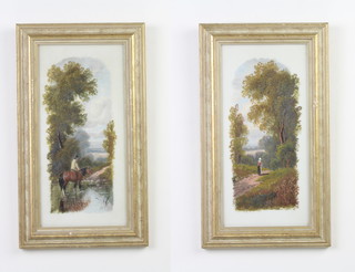 A pair of Victorian oils on opaque glass or porcelain, unsigned, figure in a country lane and figure on a horseback in a stream 28cm x 14cm 
