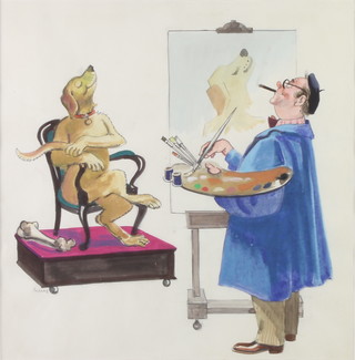 John Thomas Young Gilroy (1898-1985), watercolour, cartoon self portrait study painting a seated dog 33cm x 33cm 