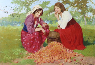 Feliks Michal Wygrzywalski (1875-1944) signed,  study of apricot pickers signed and inscribed Morele, oil on board, 46cm x 67cm 