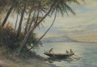 Arthur Trevor Haddon (1864-1941), watercolour signed, figures in a dugout boat on an island shore 18cm x 25cm 