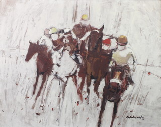 20th Century oil on board, indistinctly signed and dated '71, stylish study of a horse race 59cm x 74cm 