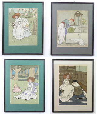 A set of four 1920's silk work studies of figures from fairy tales 27cm x 20cm, framed and glazed 
