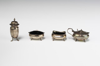 A Victorian silver 4 piece condiment set raised on hoof feet Birmingham 1898 together with a modern silver oval photograph frame, weighable silver 220 grams 