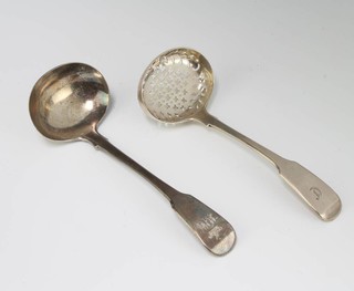 A George III silver sifter spoon and a ladle, 120 grams 