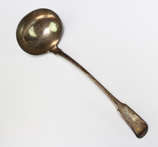 A George III silver fiddle pattern ladle with crest and armorial, London 1814, 227 grams 