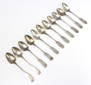 Eleven Russian silver teaspoons chased with flowers, 220 grams