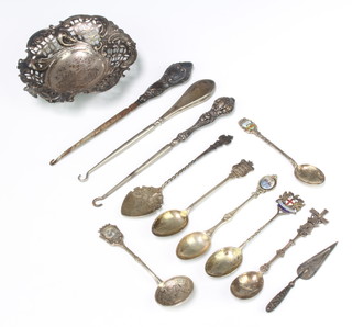 A Victorian pierced repousse silver bon bon dish and minor silver and other cutlery, weighable silver 79 grams 