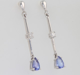 A pair of 9ct white gold diamond and sapphire tear drop earrings 28mm 