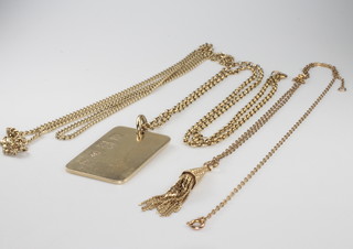 A 9ct yellow gold ingot pendant and 2 ditto chains 40 grams